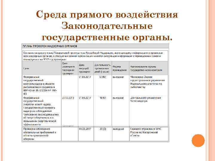 Среда прямого воздействия Законодательные государственные органы. 