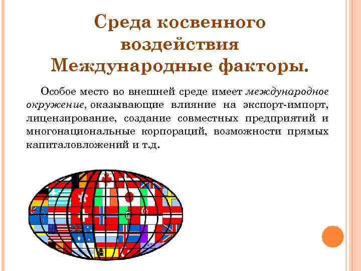 Среда косвенного воздействия Международные факторы. Особое место во внешней среде имеет международное окружение, оказывающие