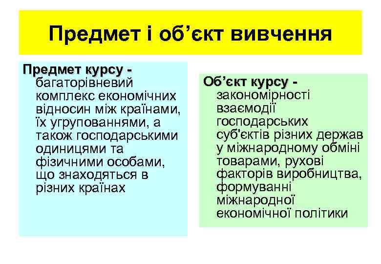 Предмет і об’єкт вивчення Предмет курсу - багаторівневий комплекс економічних відносин між країнами, їх