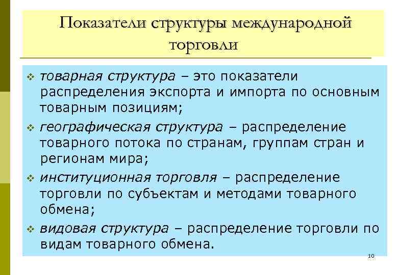 Показатели структуры международной торговли v v товарная структура – это показатели распределения экспорта и