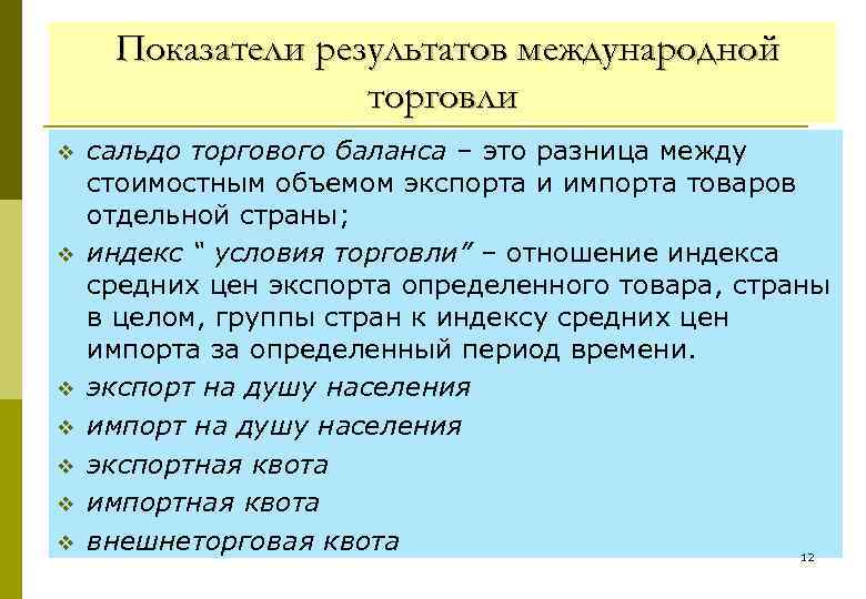 Показатели результатов международной торговли v v v v сальдо торгового баланса – это разница