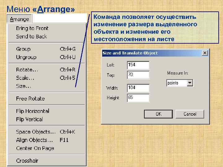 Меню «Arrange» Команда позволяет осуществить изменение размера выделенного объекта и изменение его местоположения на