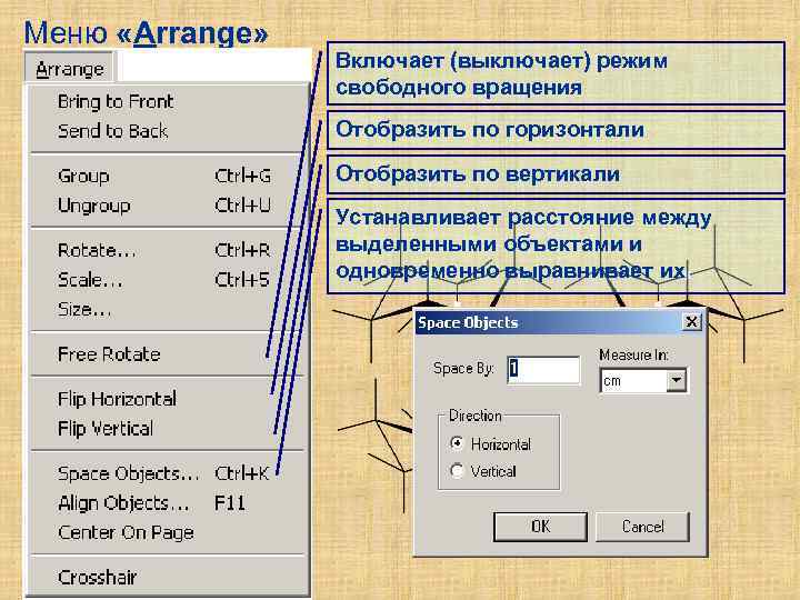 Меню «Arrange» Включает (выключает) режим свободного вращения Отобразить по горизонтали Отобразить по вертикали Устанавливает