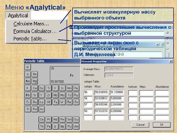 Меню «Analytical» Вычисляет молекулярную массу выбранного объекта Производит простейшие вычисления с выбранной структурой Вызывает