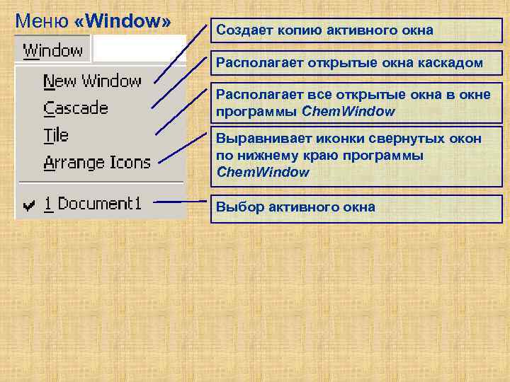 Меню «Window» Создает копию активного окна Располагает открытые окна каскадом Располагает все открытые окна