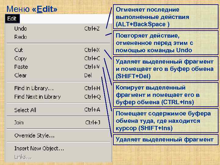 Меню «Edit» Отменяет последние выполненные действия (ALT+Back. Space ) Повторяет действие, отмененное перед этим