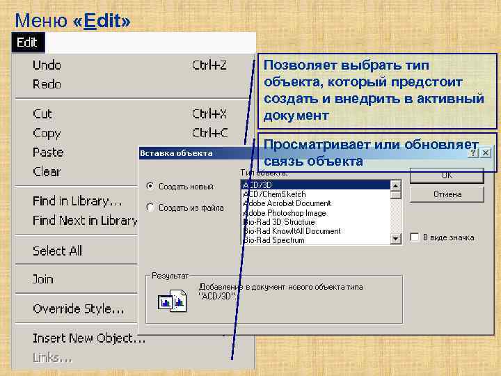 Меню «Edit» Позволяет выбрать тип объекта, который предстоит создать и внедрить в активный документ