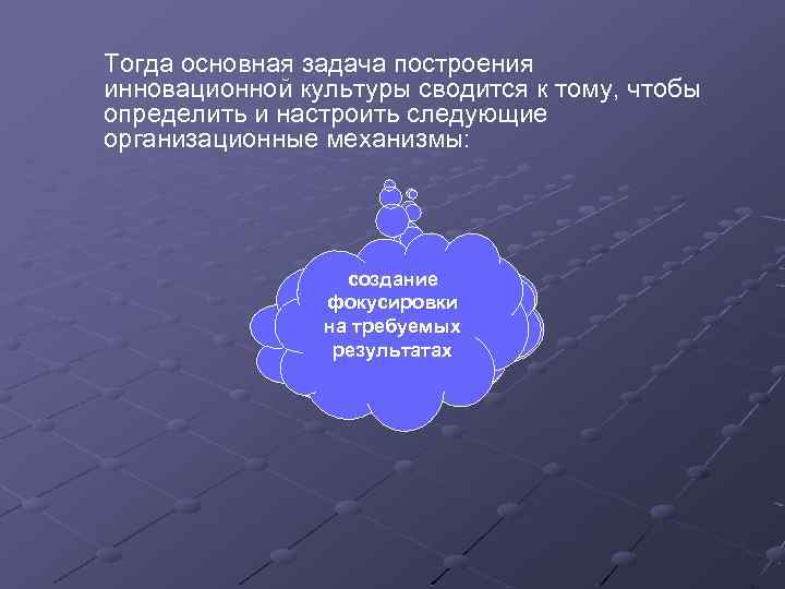 Тогда основная задача построения инновационной культуры сводится к тому, чтобы определить и настроить следующие