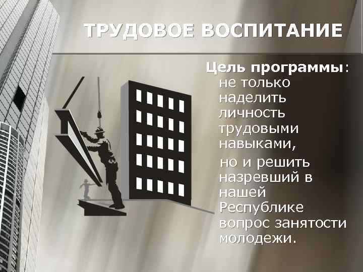 ТРУДОВОЕ ВОСПИТАНИЕ Цель программы: не только наделить личность трудовыми навыками, но и решить назревший