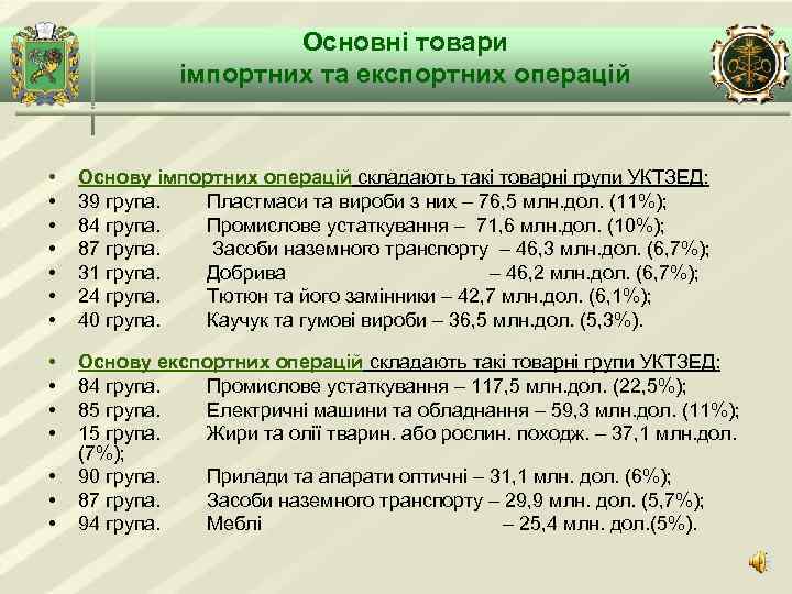 Основні товари імпортних та експортних операцій • • Основу імпортних операцій складають такі товарні