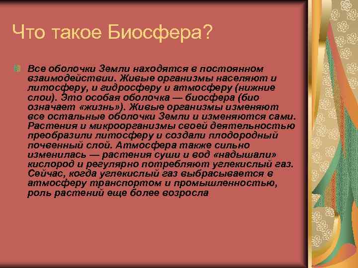 Что такое Биосфера? Все оболочки Земли находятся в постоянном взаимодействии. Живые организмы населяют и