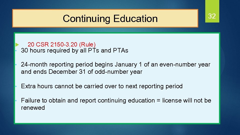  Continuing Education 32 u • 20 CSR 2150 -3. 20 (Rule) 30 hours