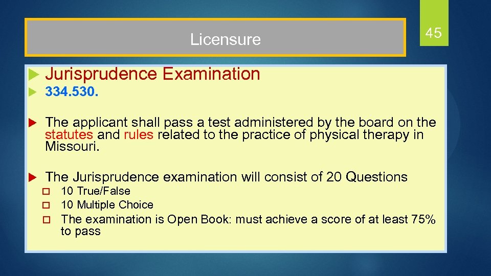  Licensure u 45 Jurisprudence Examination u 334. 530. u The applicant shall pass