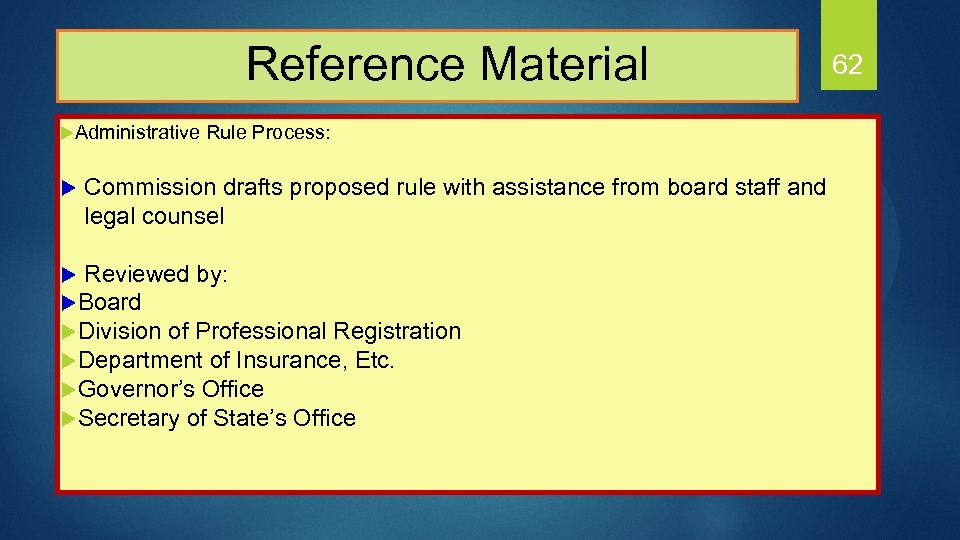  Reference Material 62 u. Administrative Rule Process: u Commission drafts proposed rule with