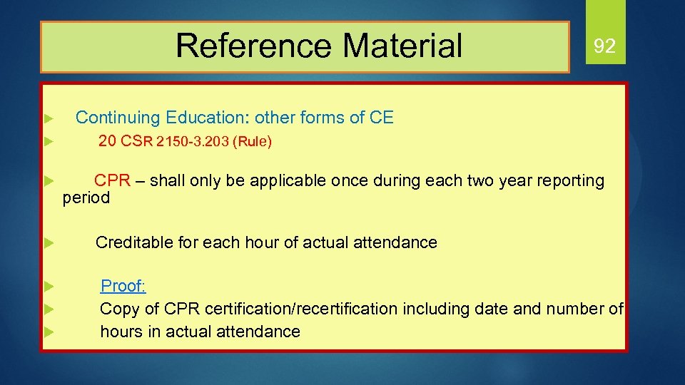  Reference Material 92 Continuing Education: other forms of CE u 20 CSR 2150