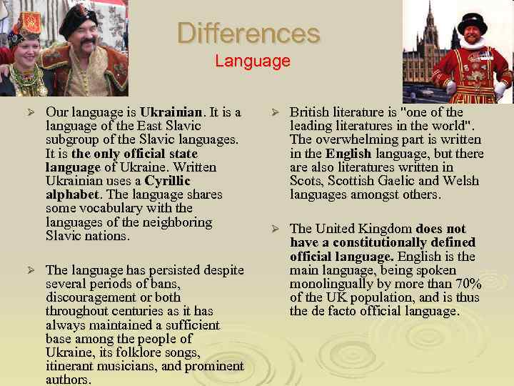 Differences Language Ø Ø Our language is Ukrainian. It is a language of the