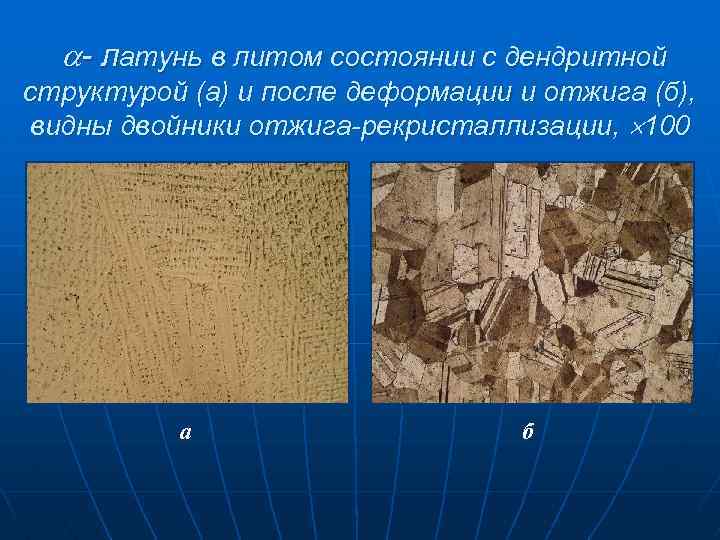  - латунь в литом состоянии с дендритной структурой (а) и после деформации и