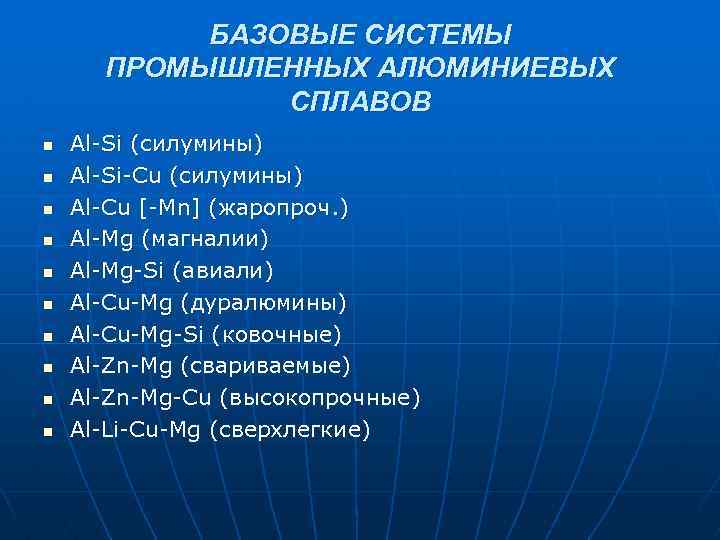 БАЗОВЫЕ СИСТЕМЫ ПРОМЫШЛЕННЫХ АЛЮМИНИЕВЫХ СПЛАВОВ n n n n n Al-Si (силумины) Al-Si-Cu (силумины)