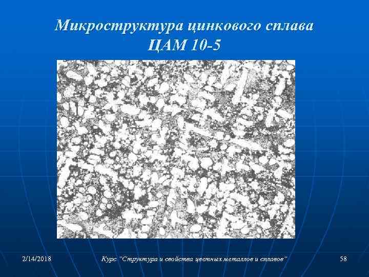 Микроструктура цинкового сплава ЦАМ 10 -5 2/14/2018 Курс “Структура и свойства цветных металлов и