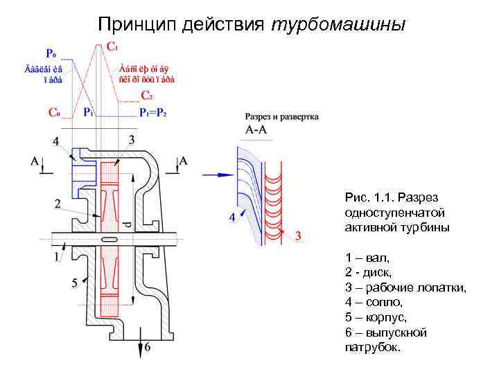 Принцип действия турбомашины Рис. 1. 1. Разрез одноступенчатой активной турбины 1 – вал, 2