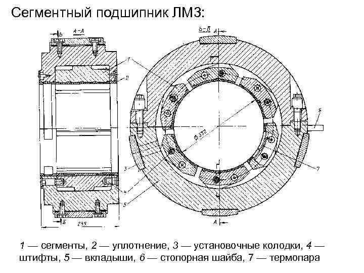 Сегментный подшипник ЛМ 3: 1 — сегменты, 2 — уплотнение, 3 — установочные колодки,