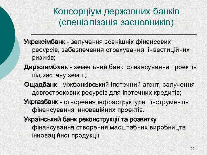 Консорціум державних банків (спеціалізація засновників) Укрексімбанк - залучення зовнішніх фінансових ресурсів, забезпечення страхування інвестиційних
