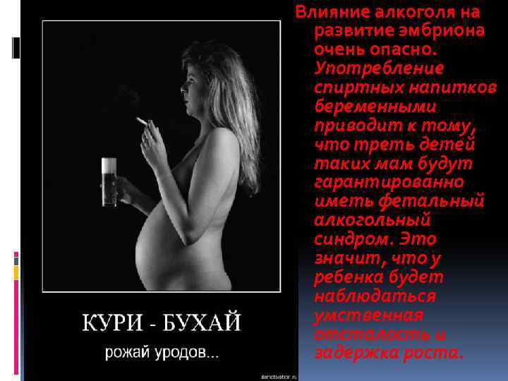 Влияние алкоголя на развитие эмбриона очень опасно. Употребление спиртных напитков беременными приводит к тому,