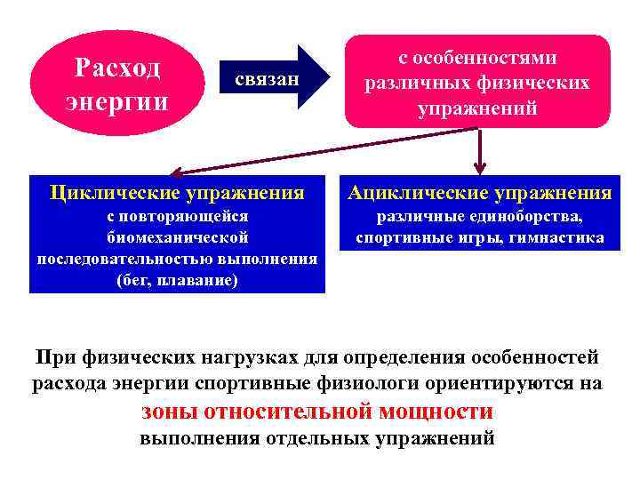 Расход энергии связан с особенностями различных физических упражнений Циклические упражнения Ациклические упражнения с повторяющейся
