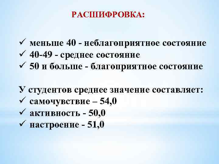 РАСШИФРОВКА: ü меньше 40 неблагоприятное состояние ü 40 49 среднее состояние ü 50 и
