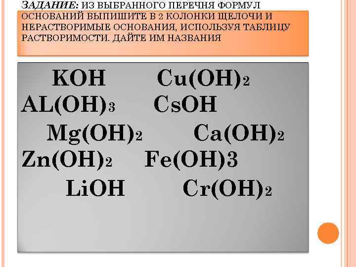 ЗАДАНИЕ: ИЗ ВЫБРАННОГО ПЕРЕЧНЯ ФОРМУЛ ОСНОВАНИЙ ВЫПИШИТЕ В 2 КОЛОНКИ ЩЕЛОЧИ И НЕРАСТВОРИМЫЕ ОСНОВАНИЯ,