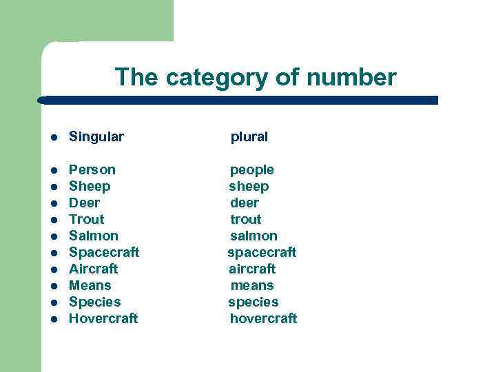 The category of number l Singular plural l Person Sheep Deer Trout Salmon Spacecraft