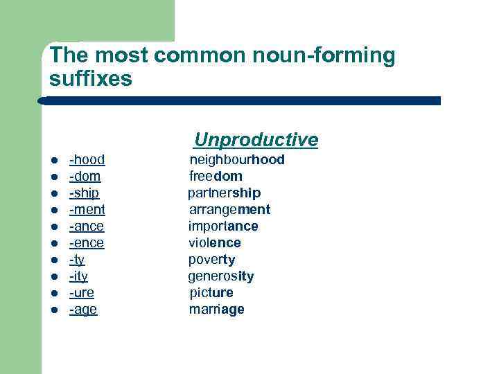 The most common noun-forming suffixes Unproductive l l l l l -hood -dom -ship