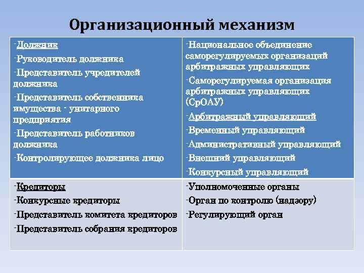 Организационный механизм -Должник -Руководитель должника -Представитель учредителей должника -Представитель собственника имущества - унитарного предприятия