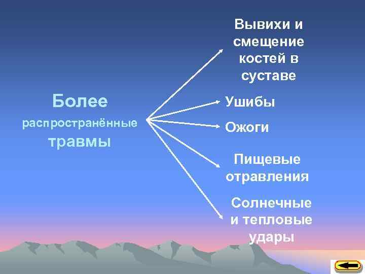 Вывихи и смещение костей в суставе Более Ушибы распространённые Ожоги травмы Пищевые отравления Солнечные