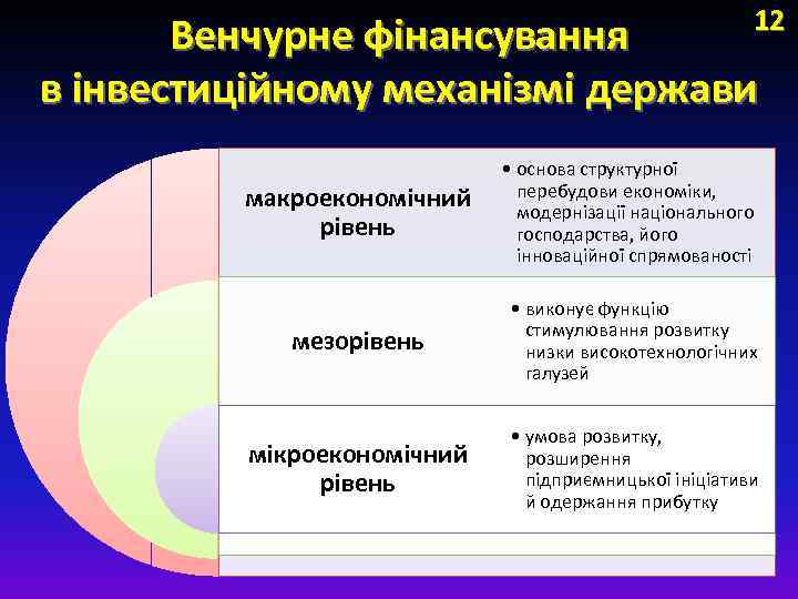 12 Венчурне фінансування в інвестиційному механізмі держави макроекономічний рівень • основа структурної перебудови економіки,