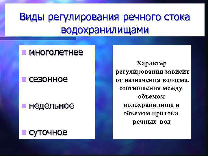 Виды регулирования речного стока водохранилищами n многолетнее n сезонное n недельное n суточное Характер