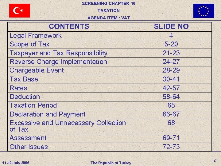 SCREENING CHAPTER 16 TAXATION AGENDA ITEM : VAT CONTENTS SLIDE NO Legal Framework Scope