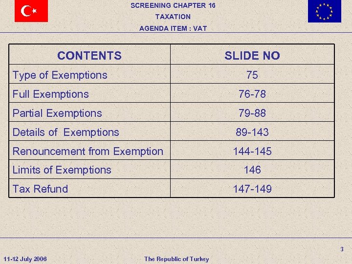 SCREENING CHAPTER 16 TAXATION AGENDA ITEM : VAT CONTENTS SLIDE NO Type of Exemptions