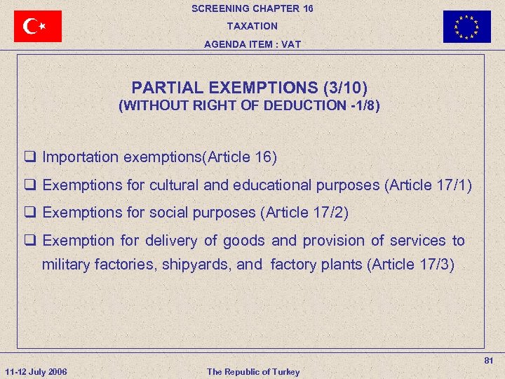 SCREENING CHAPTER 16 TAXATION AGENDA ITEM : VAT PARTIAL EXEMPTIONS (3/10) (WITHOUT RIGHT OF