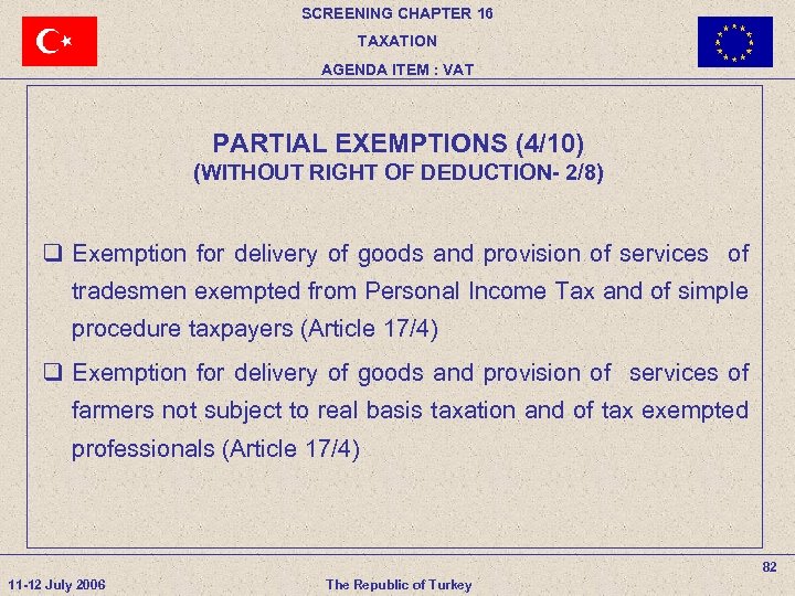 SCREENING CHAPTER 16 TAXATION AGENDA ITEM : VAT PARTIAL EXEMPTIONS (4/10) (WITHOUT RIGHT OF