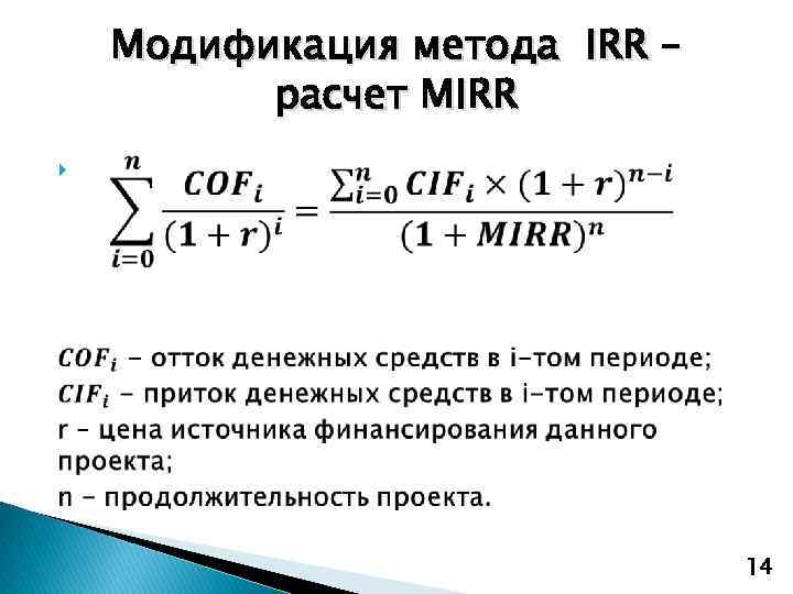 Модификация метода IRR – расчет MIRR 14 