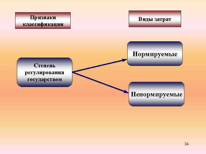 Признаки классификации Виды затрат Нормируемые Степень регулирования государством Ненормируемые 24 