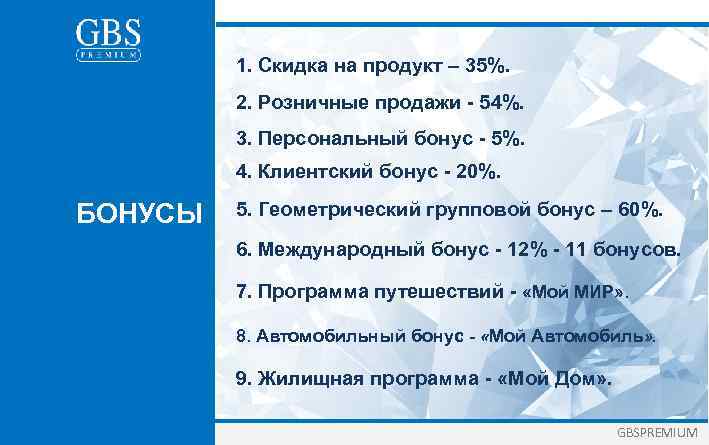 1. Скидка на продукт – 35%. 2. Розничные продажи - 54%. 3. Персональный бонус