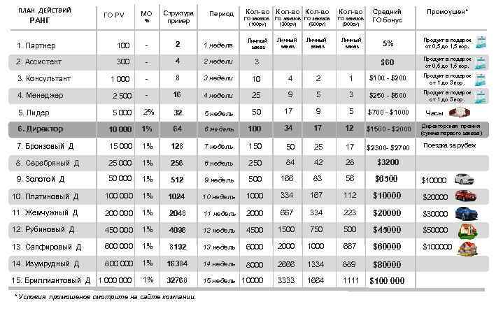 ПЛАН ДЕЙСТВИЙ РАНГ ГО PV % Структура пример МO Период Кол-во ГО заказов (900