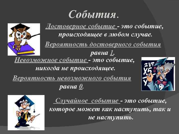 События. Достоверное событие - это событие, происходящее в любом случае. Вероятность достоверного события равна