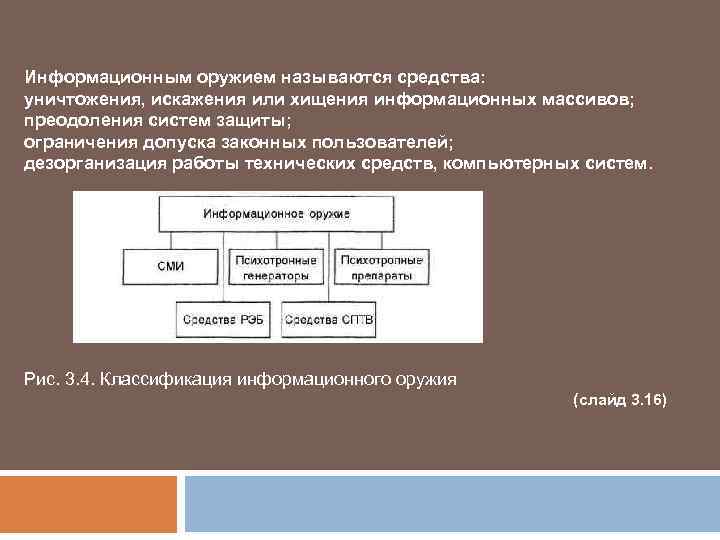Информационным оружием называются средства: уничтожения, искажения или хищения информационных массивов; преодоления систем защиты; ограничения