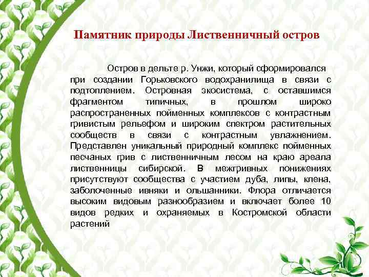Памятник природы Лиственничный остров Остров в дельте р. Унжи, который сформировался при создании Горьковского