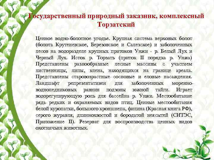 Государственный природный заказник, комплексный Торзатский Ценное водно-болотное угодье. Крупная система верховых болот (болота Крутеневское,