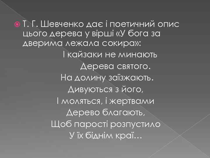  Т. Г. Шевченко дає і поетичний опис цього дерева у вірші «У бога