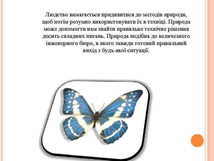 Людство намагається придивитися до методів природи, щоб потім розумно використовувати їх в техніці. Природа